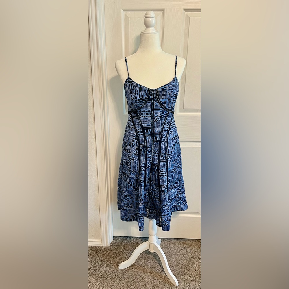 Nanette Lepore Truth or Flare Dress Strappy Geometric Print Blue Periwinkle